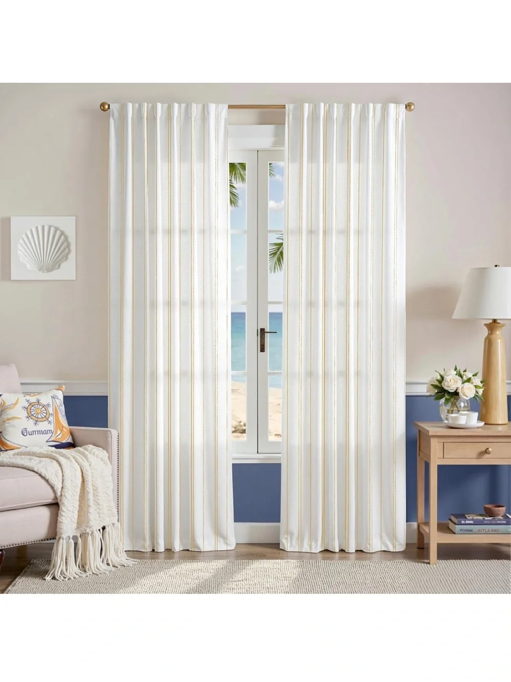 Yellow Striped Curtains 90”Length Window Treatment Modern Linen Look 1857/c-1